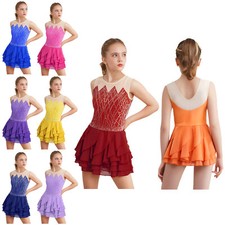 UK Kids Girls Figure Ice Skating Dress Shiny Rhinestone Ballet Leotard Dancewear