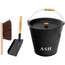 12L Metal Ash Bucket With Lid Shovel & Brush Fireplace Container Litre Coal Bin