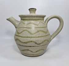Vintage Studio Pottery Teapot Unmarked Wavy Pattern Stoneware & Green Waves