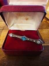 Vintage Art Deco Style Bar Brooch Blue Glass Stone & Paste Rhinestones