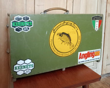 VINTAGE WOODEN TACKLE FISHING BOX WITH METAL HANDLE AND COOL RETRO STICKERS