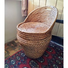 Vintage 1970s Wicker Laundry Basket Ali Baba Raffia Lidded Stool Boho Home Decor