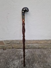 Antique Folk Art African Two Snakes Climbing Walking Stick With Pistol Grip Bone