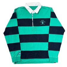 Musto Rugby Union Polo Shirt Striped Retro Green Blue Mens Medium