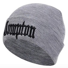 Grey Embroidered Black COMPTON Cuffed Beanie Hip-Hop Style Warm & Comfortable