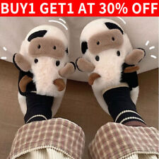 Women Girl Fuzzy Cow Slipper Cute Cozy Anti-slip Warm Cotton Shoes Animal Shape