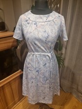 Vintage 1970s 1980s Debenhams Blue Paint Splatter Belted Tea Dress - Sz 16