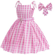 Kids Girls Pink Barbee Costume Princess Party Cosplay Tartan Skirt Blond Wig Bag
