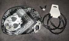 Blue Banana Purse, Skull / Bat Pin Brooch & 3x Gummy Barbed Wire style Bracelets