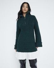 River Island Womens Mini Jumper Dress Petite Khaki Zip High Neck Long Sleeve