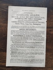 Richard Allen, Bookseller, Long Row Nottingham - Antique Advertising Print- 1859