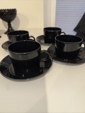 4 Vintage Arabia Finland Teema Black Cups & Saucers VGC Kaj Franck Mid Century 