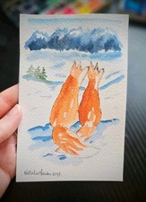 Fox Couple in Winter Snow Watercolour Painting 4x6 inch, Woodland Animal Picture
