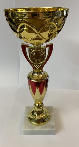 Gold and red cup trophy - and,