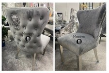 Grey Velvet Dining Chairs x2 Stud Button Back Lion Head Door Knocker Chrome Legs