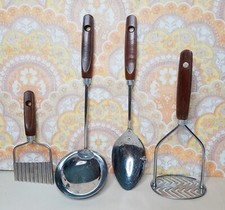 4 vtg Skyline utensils crinkler, ladle, measuring spoon & masher brown handles