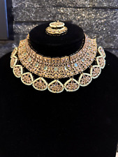 Asian/Indian antique gold necklace set with earrings and tika in pastel green