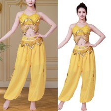 2Pcs Belly Dance Costume for Women Lace Up Coins Bra Tops Harems Pants Trousers