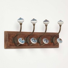 Wooden Wall Mounted Coat Rack with 4 Decorative Peacock Style Ceramic Knob Hooks