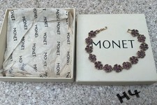 Vintage Monet Purple Rhinestone Forget me not Link 7in Bracelet in Box