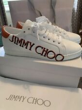 JIMMY CHOO White Leather & Orange Logo Printed Trainers Rrp £399