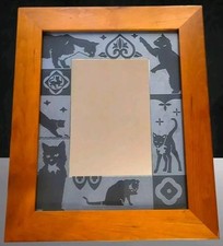 VTG ARTISAN CAT MIRROR, BLACK/GRAY FROSTED CAT DESIGN BORDER,WOOD FRAME-WALL ART