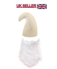White Smurf Gnome Hat with Beard Dwarf Cap Beard Fancy Dress Stag Elf Costume .