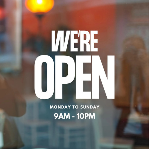 Open shop window decal - we're,