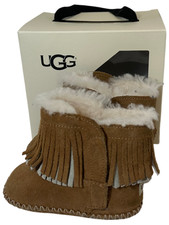 UGG Baby Boots Classic Chestnut Brown Suede Fringe Lined Size UK 4 Boxed Used