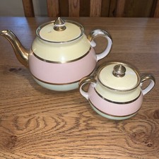 Vintage Antique Gibson’s Pastel Stripe Gold Tea Pot Lidded Sugar Staffodshire UK