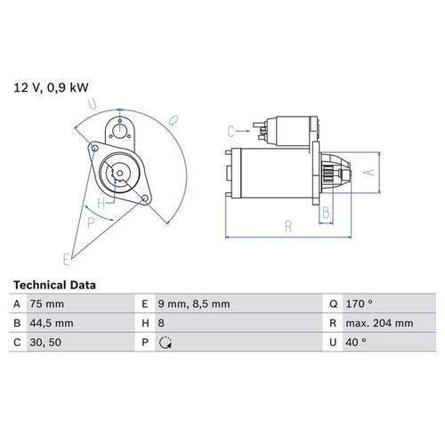 Bosch starter motor 12v 9kw - bosch, 0.9kw