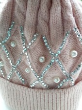 Girls Baby Pink Knitted Bobble Hat with Pearl Diamonte Detail New Tags One Size