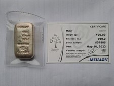 100g Metalor Silver Bar With Certificate of Authenticity 