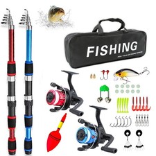 2X Fishing Pole Set Full Kits w/ Telescopic Fishing Rod Spinning Reel Baits Hook