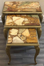 Vintage Nest of Three Onyx Marble Epoxy Resin & Brass Coffee Tables