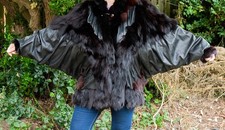 Vintage 80s Batwing leather & fur pleated jacket. UK 12. V.G.C.