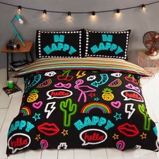 BE HAPPY NEON SINGLE DUVET COVER AND PILLOWCASE SET TEENAGER BEDDING NEW