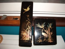 Set of Chinese Black Lacquered Boxes with lids Bird & Bamboo Pattern 