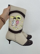 Irregular Choice cream Mid Calf cowboy boots with cowgirl image - Sz UK 6