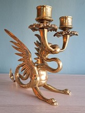 Vintage Brass Double Griffin Candlestick Candle Holder A