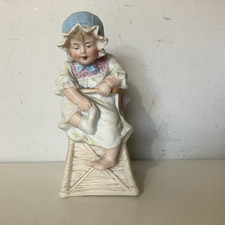Antique Gebruder Heubach Porcelain Bisque Baby in Wicker Highchair Figurine RARE