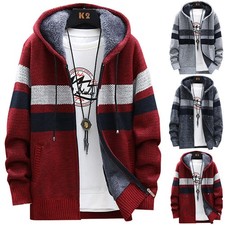 Men Hoodie Knitted Cardigan Fleece Lined Winter Zip Up Thick Thermal Jumper SML