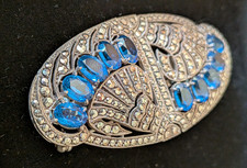 Vintage Art Deco 935 Silver Marcasite Duette Dress Clip Brooch Blue Glass Stone