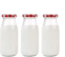 Danmu Art 3Pcs 250ml Glass Milk Bottles with Pretty Gingham Lids, Small Glass J