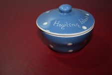 antique Hayling Island Sandygate Devon pottery blue & white spots bowl & lid