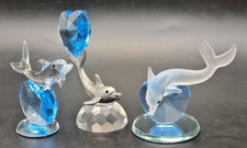 Set of 3 Dolphin Figurines with Blue Hearts – Glass, Metal & Frosted, 7–5cm Tall