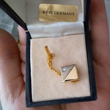 Handsome Tie Pin with Chain. Gold Tone with Diamante. Boxed. Little Stunner!