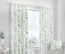 Fusion Leaf Print Cotton Lined Eyelet Curtains Fernworthy Green  66 x 72