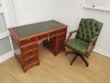 4x2ft GREEN LEATHER TOP VINTAGE CAPTAINS DESK (3 parts) W. KEY + CAPTAINS CHAIR