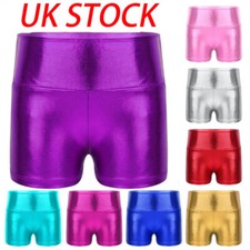 UK Kids Girls Metallic Shiny Dance Shorts Bottoms Activewear Sports Gymnastic